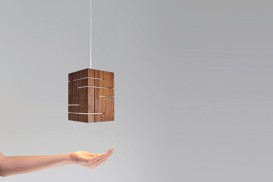 Claudo LED Accent Pendant by Cerno, showing claudo walnut led accent pendant in live shot.