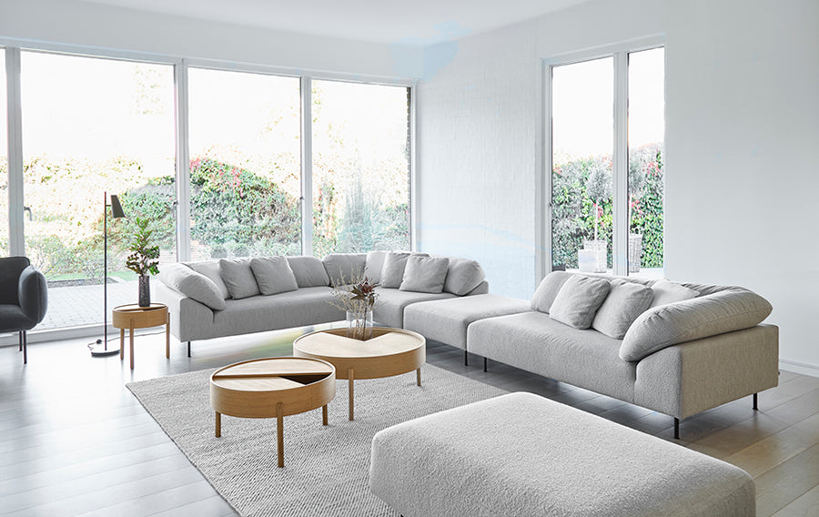 Collar Open End 1 Arm Sofa by Woud, showing collar open end 1 arm sofas in live shot.