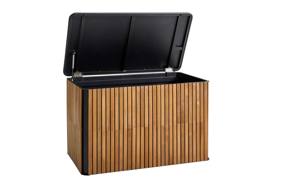 Combine Cushion Box by Cane-Line, showing angle view of combine cushion box in small/teak/lava grey aluminum.