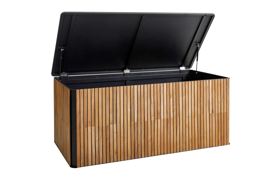 Combine Cushion Box by Cane-Line, showing angle view of combine cushion box in large/teak/lava grey aluminum.