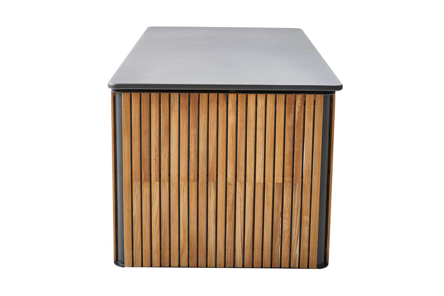 Combine Cushion Box by Cane-Line, showing side view of combine cushion box in large/teak/lava grey aluminum.