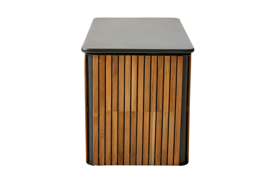 Combine Cushion Box by Cane-Line, showing side view of combine cushion box in small/teak/lava grey aluminum.