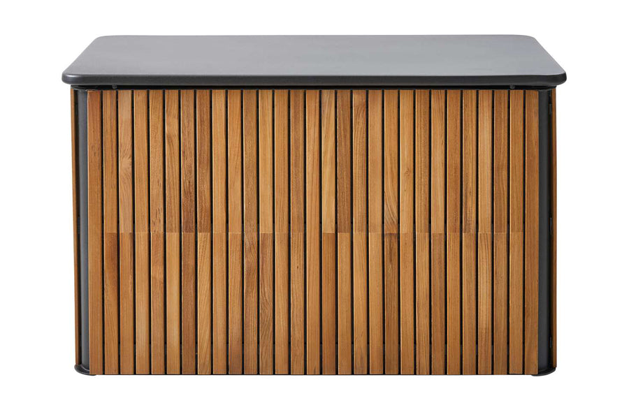 Combine Cushion Box by Cane-Line, showing front view of combine cushion box in small/teak/lava grey aluminum.