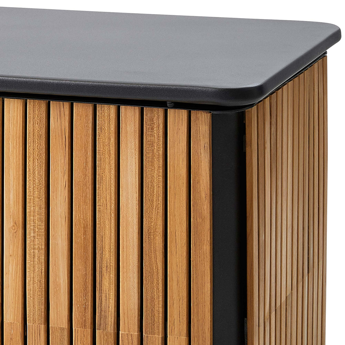 Combine Cushion Box by Cane-Line, showing closeup view of combine cushion box in teak/lava grey aluminum.