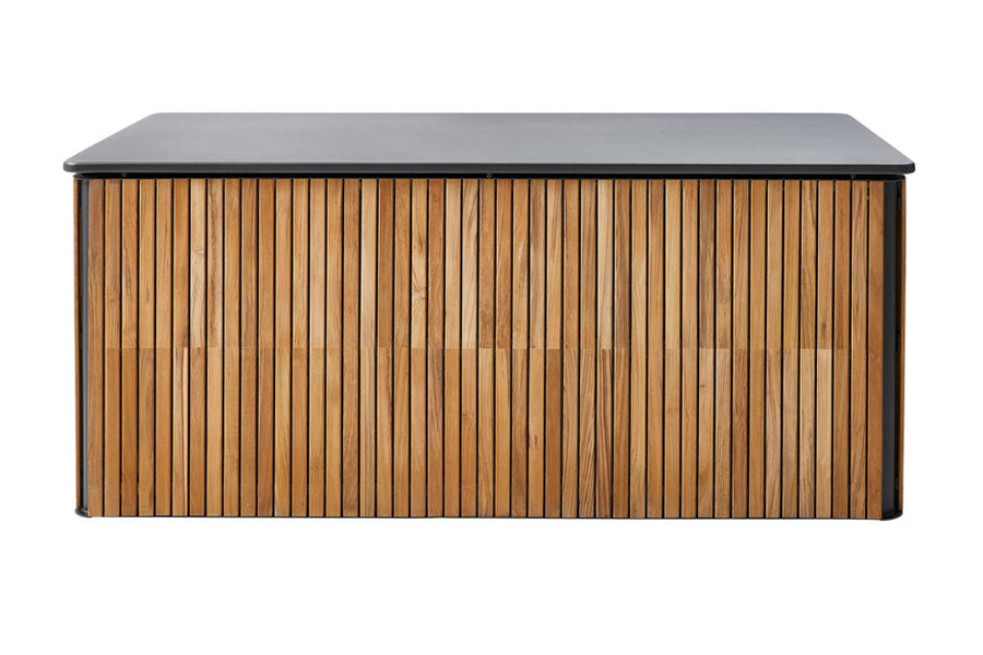 Combine Cushion Box by Cane-Line, showing front view of combine cushion box in large/teak/lava grey aluminum.