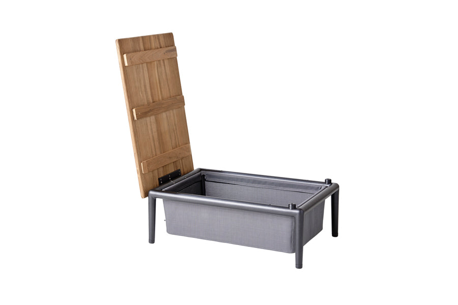 Conic Box Table by Cane-Line, showing opened angle view of conic box table in teak/grey aluminum.
