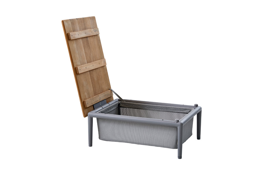 Conic Box Table by Cane-Line, showing opened angle view of conic box table in teak/light grey aluminum.
