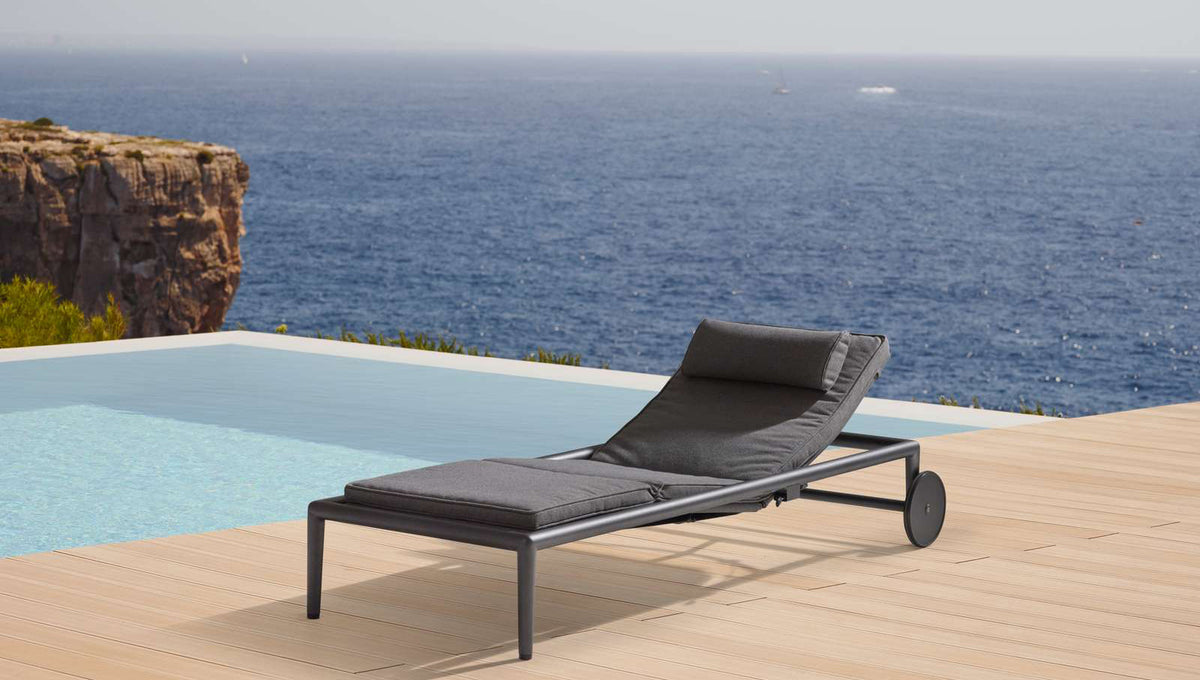 Conic Sunbed with Gas Spring by Cane-Line, showing conic sunbed with gas spring in live shot.
