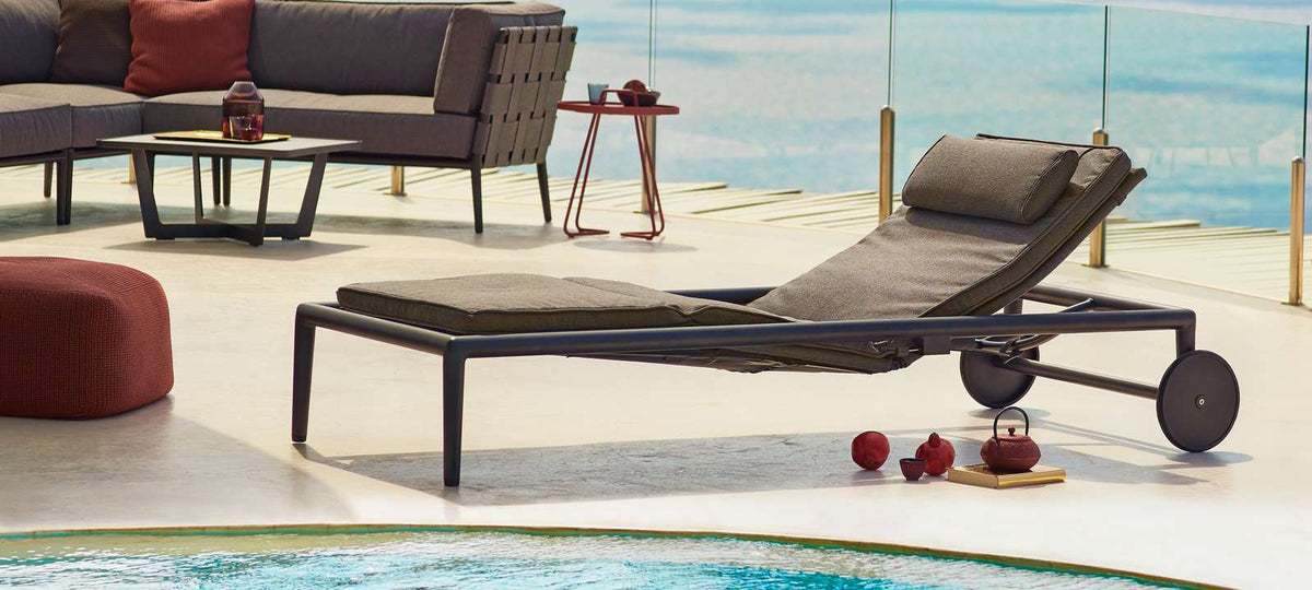 Conic Sunbed with Gas Spring by Cane-Line, showing conic sunbed with gas spring in live shot.