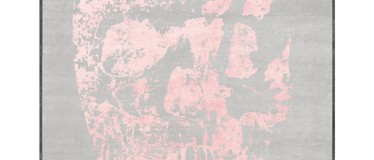 Copertino Skull CL231 Rug by Second Studio, showing closeup view of copertino skull cl231 rug by second studio in grey & pink.