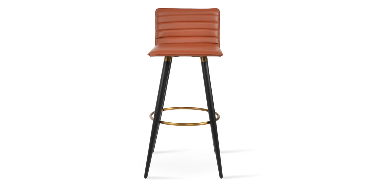 Corona Ana Full Upholstery Stool by SohoConcept, showing front view of corona ana full upholstery stool in brass bracelet-footrest/black finish metal tube legs/cinnamon PPM-FR.