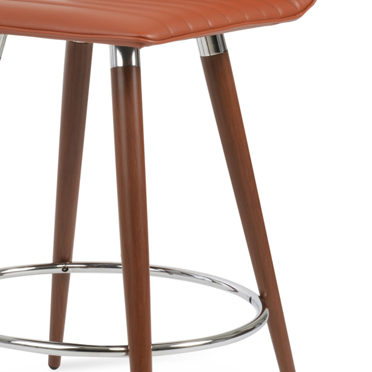 Corona Ana Full Upholstery Stool by SohoConcept, showing closeup view of corona ana full upholstery stool in chrome bracelet-footrest/walnut veneer metal tube legs/cinnamon PPM-FR.