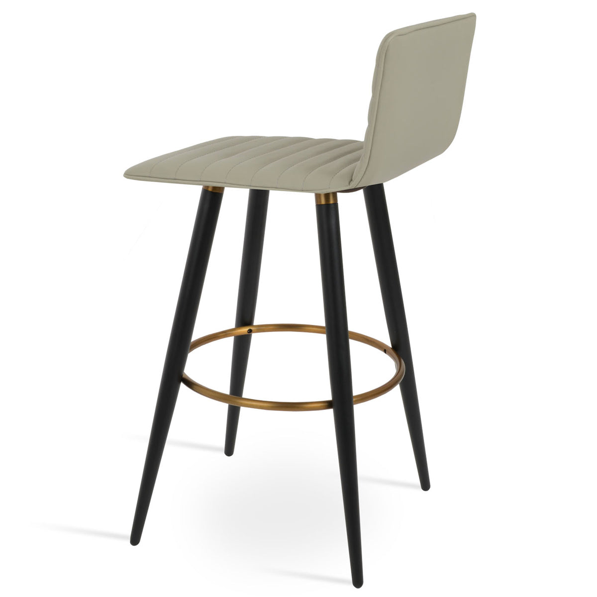 Corona Ana Full Upholstery Stool by SohoConcept, showing side view of corona ana full upholstery stool in brass bracelet-footrest/black finish metal tube legs/light grey leatherette.