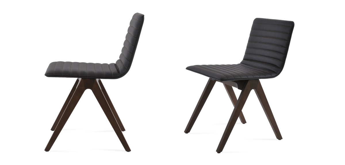 Corona Fino Full Upholstery Dining Chair by SohoConcept, showing angle view of two chairs in brown leatherette with walnut finish.