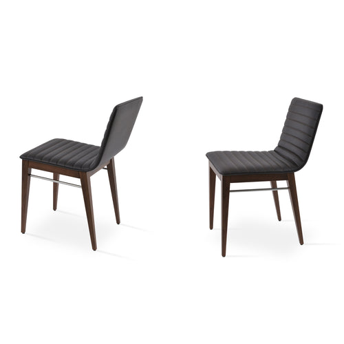 Corona Full Upholstery Wood Dining Chair by SohoConcept, showing angle view of two chairs in brown leatherette with walnut finish.