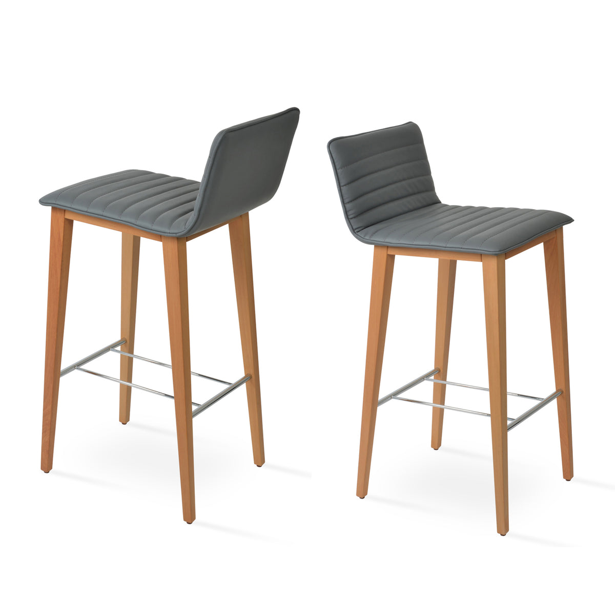 Corona Full Upholstery Wood Stool by SohoConcept, showing different angle views of corona full upholstery wood stools in beech natural wood/grey leatherette.