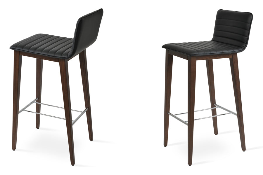 Corona Full Upholstery Wood Stool by SohoConcept, showing different angle views of corona full upholstery wood stools in black leatherette with original american walnut wood base.