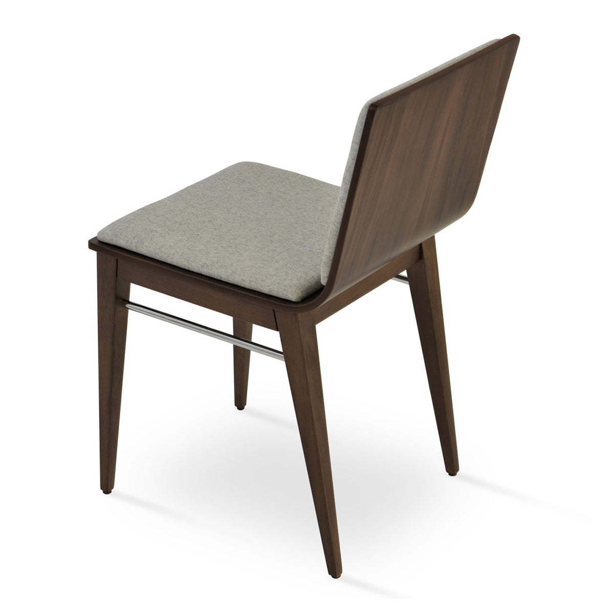 Corona Wood Dining Chair by SohoConcept, showing angle view in camira blazer silver wool with american walnut veneer base.