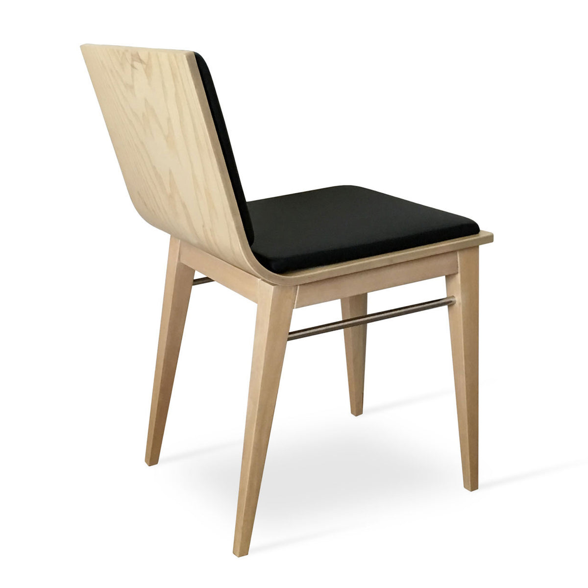 Corona Wood Dining Chair by SohoConcept, showing angle view in black leatherette (extra pad) with orange natural ash base.