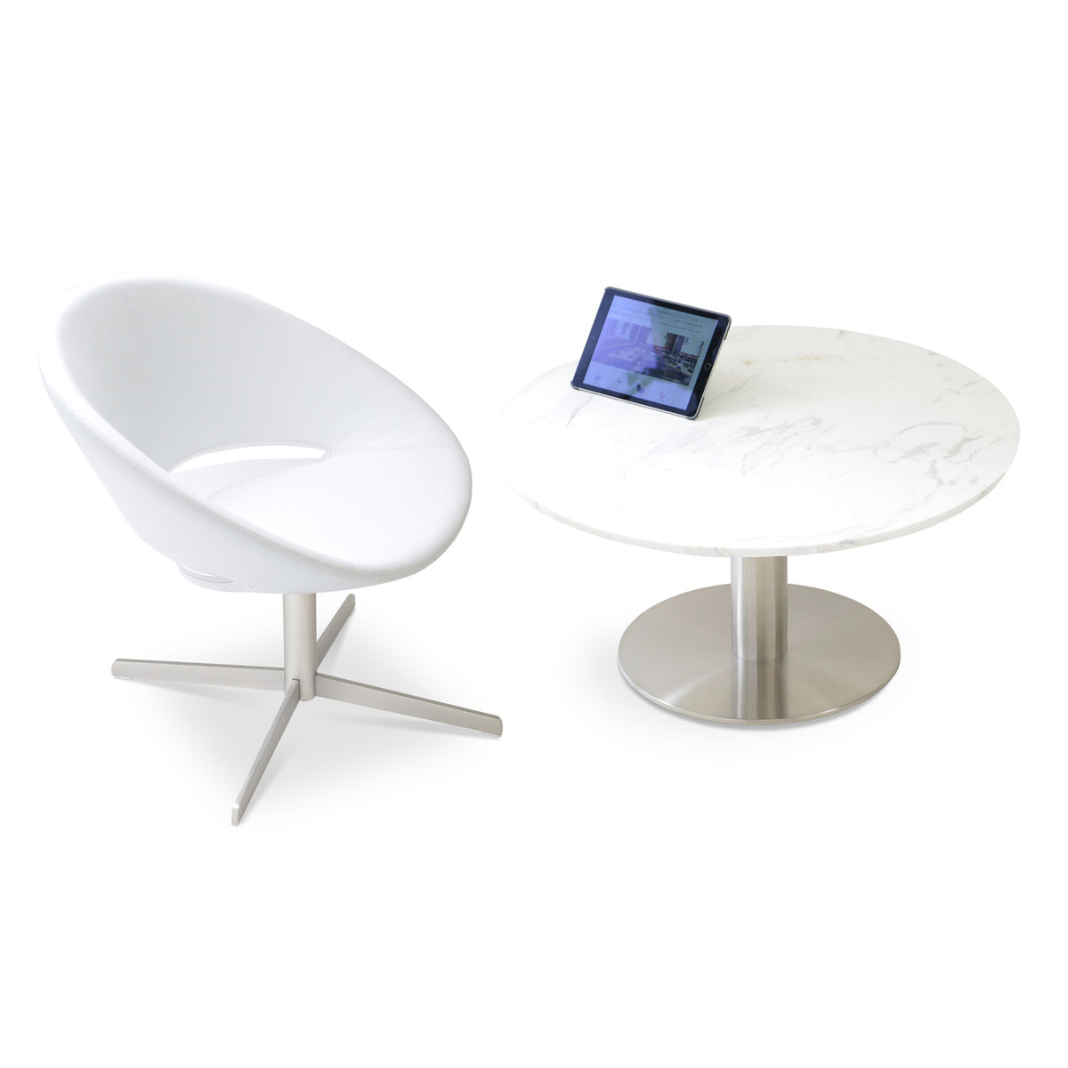 Crescent Large Seat Lounge Swivel 4 Star Chair by sohoConcept, showing angle view of large seat lounge swivel 4 star chair with table.