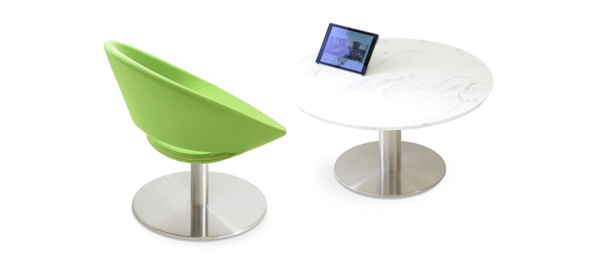 Crescent Large Seat Lounge Swivel Round Chair by sohoConcept, showinig angle view of large seat lounge swivel round chair with table.