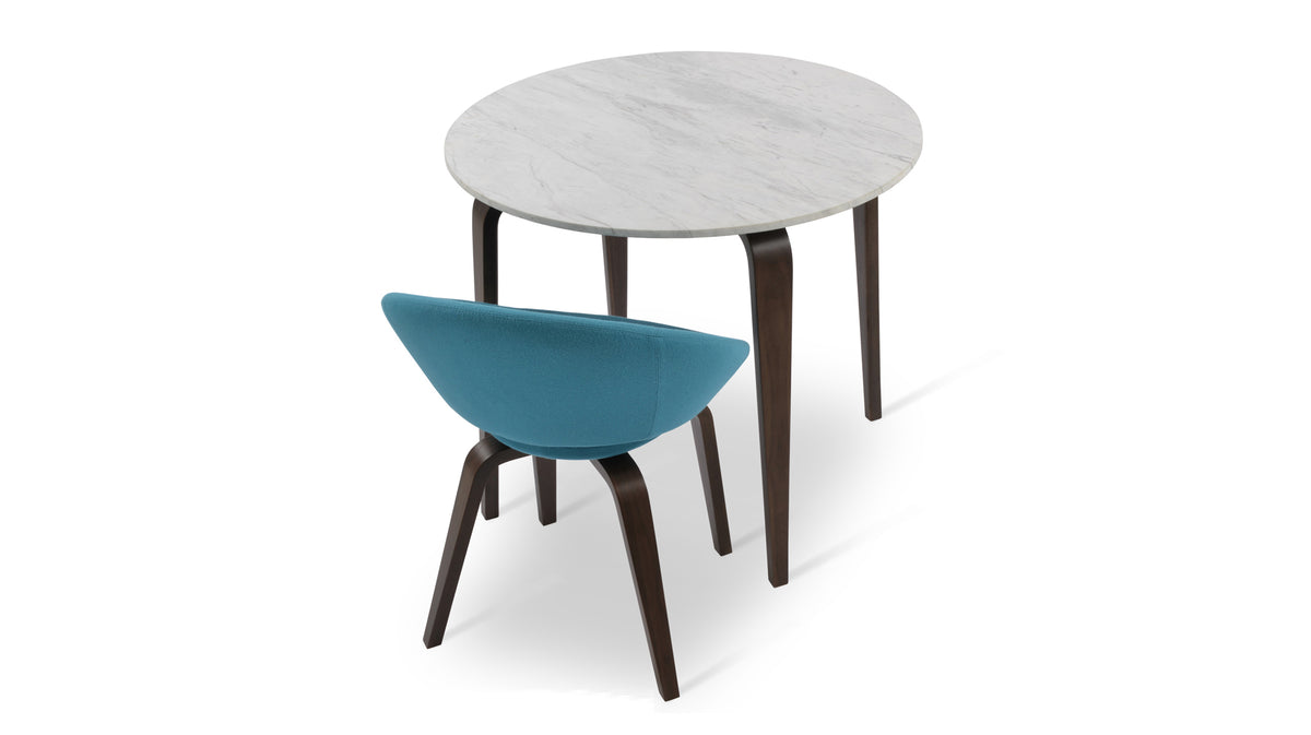 Crescent Plywood Dining Chair by SohoConcept, showing back view of crescent plywood dining chair in camira blazer turquoise wool with walnut verneer & chanelle marble dining table.