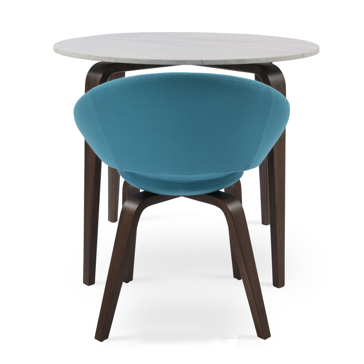 Crescent Plywood Dining Chair by SohoConcept, showing back view of crescent plywood dining chair in camira blazer turquoise wool with walnut verneer & chanelle marble dining table.