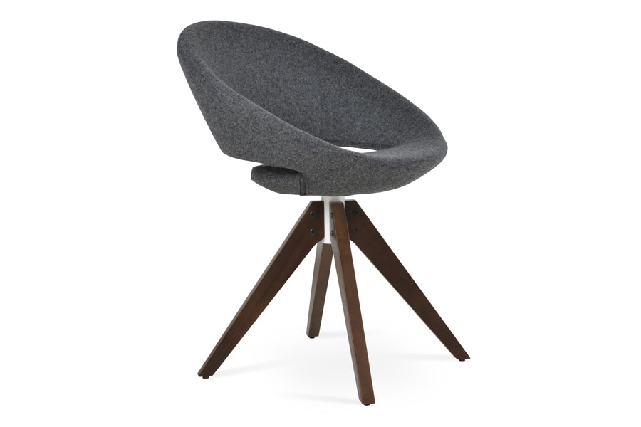 Crescent Pyramid Swivel Dining Chair by SohoConcept, showing side view of crescent pyramid swivel dining chair camira blazer dark grey wool top & original walnut wood base.