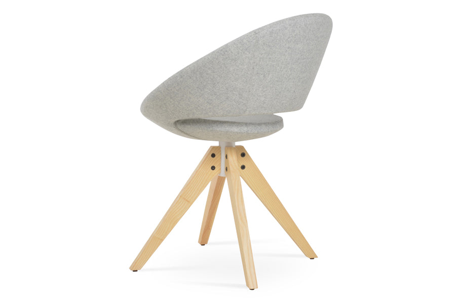 Crescent Pyramid Swivel Dining Chair by SohoConcept, showing back view of crescent pyramid swivel dining chair camira blazer silver wool top & natural ash wood base.