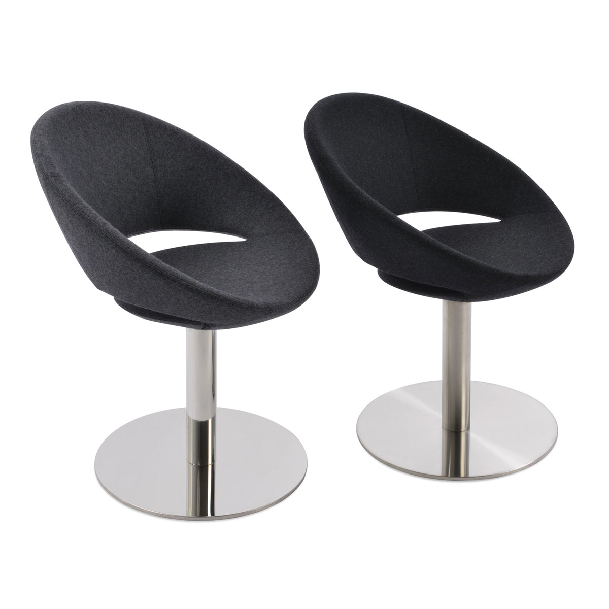 Crescent Round Swivel Dining Chair by SohoConcept, showing angle view of round chairs.