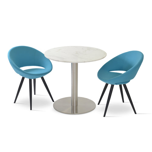 Crescent Star Chair by SohoConcept, showing two chairs in camira blazer turquoise wool with black powder steel base & tango marble dining table.