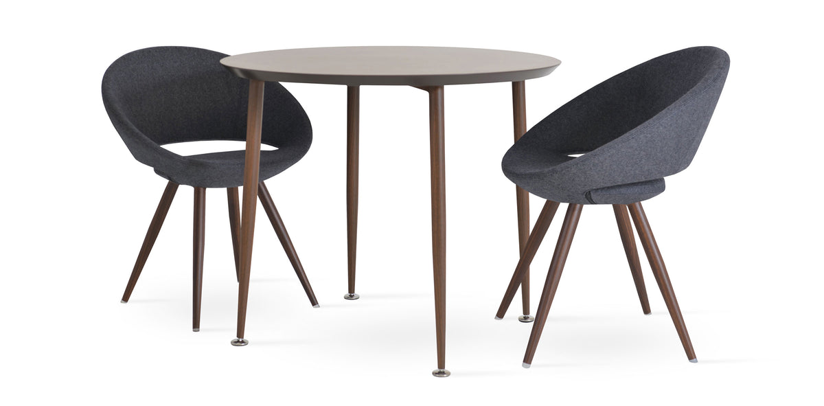 Crescent Star Chair by SohoConcept, showing two chairs in dark grey wool with walnut veneer steel base & star walnut dining table.