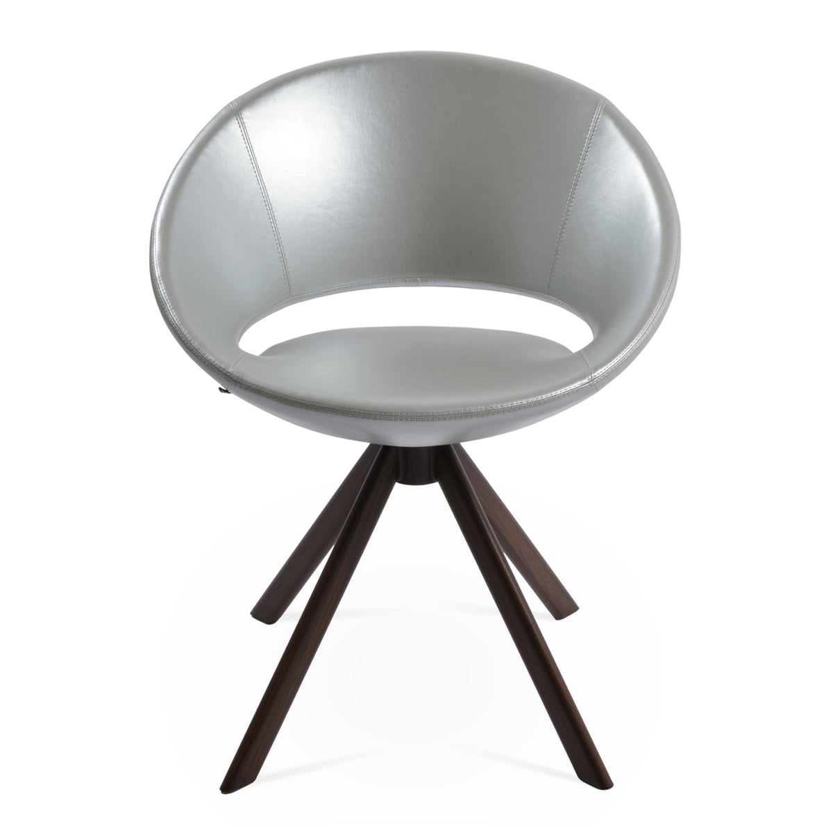 Crescent Sword Dining Chair by SohoConcept, showing front view in silver ppm with walnut finish base.