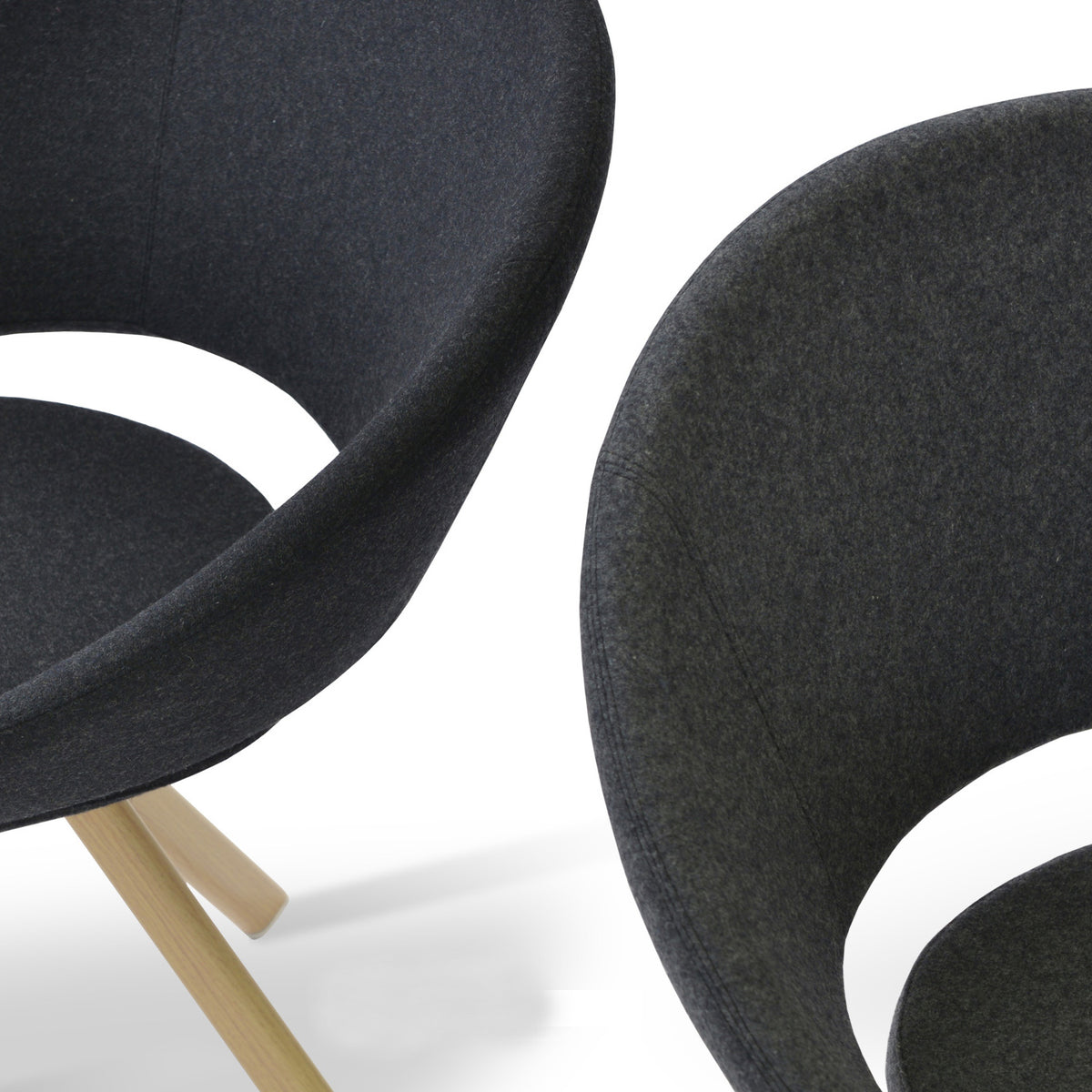 Crescent Sword Dining Chair by SohoConcept, showing closeup view in charcoal & dark grey wool with natural veneer base.