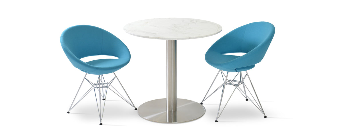 Crescent Tower Dining Chair by SohoConcept, showing angle view of two crescent tower dining chairs in camira blazer turquoise wool with chrome wire base & tango marble dining table.