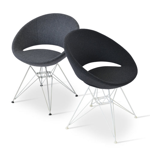 Crescent Tower Dining Chair by SohoConcept, showing angle view of two crescent tower dining chairs in dark grey & charcoal with chrome wire & whire wire bases.