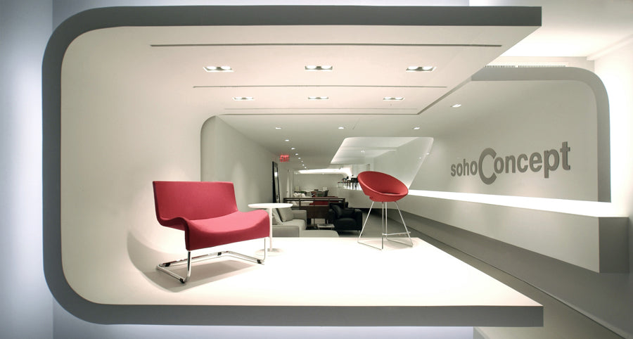 Crescent Wire Counter Stool by SohoConcept, showing live shot of counter stool in red wool with chrome wire base