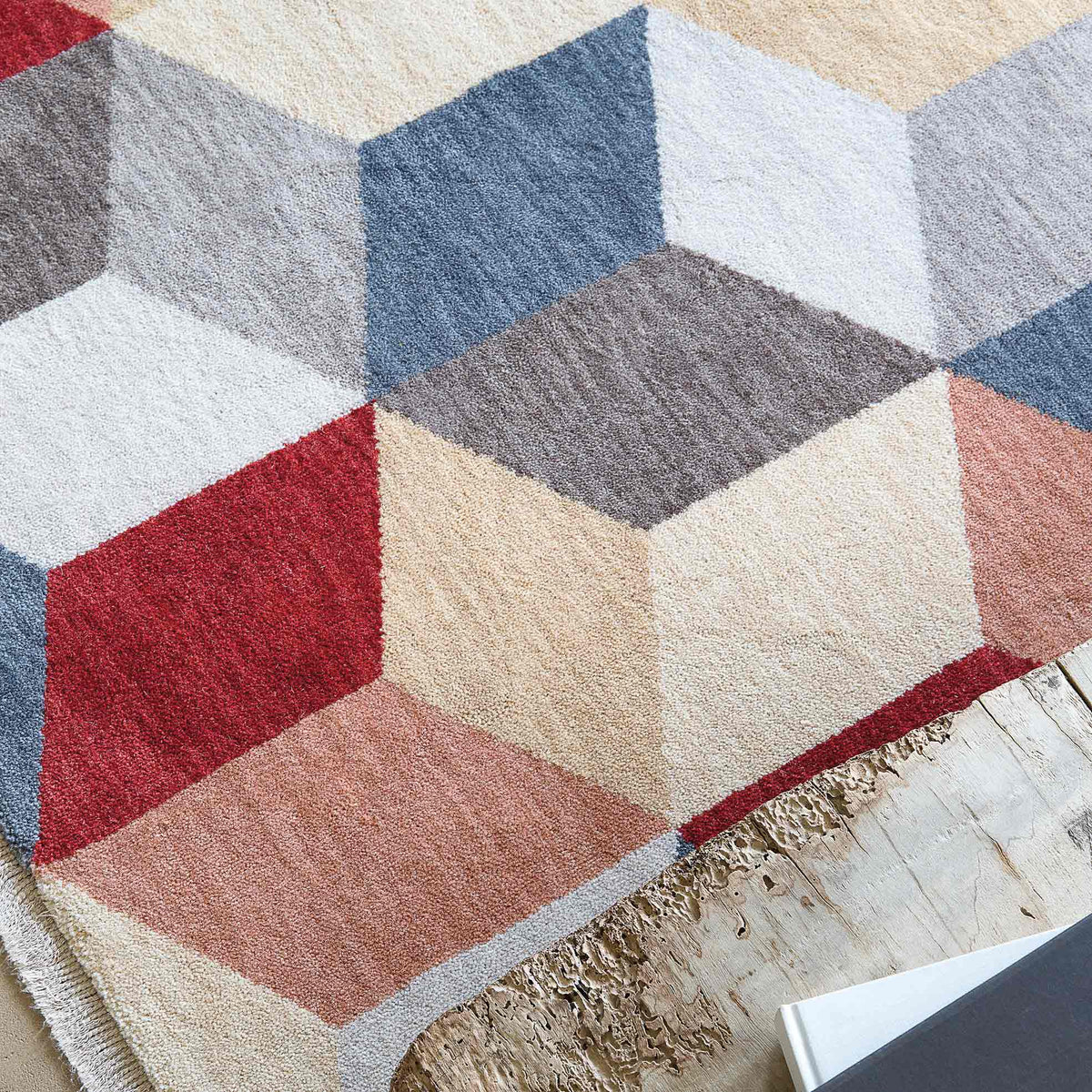 Cube 045.069.990 Cross Woven Rug by Ligne Pure, showing detail view of cube 045.069.990 cross woven rug.