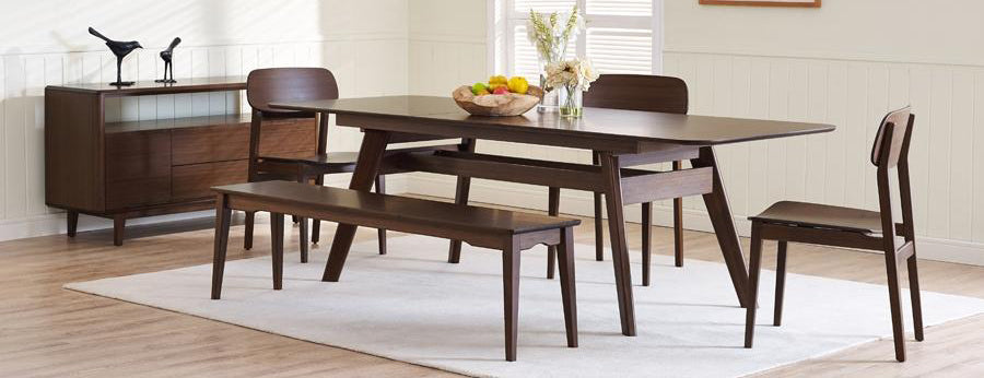 Currant Extendable Dining Table by Greenington, showing live shot of dining table with bench & chairs in live shot.