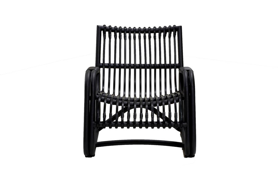 Curve Outdoor Lounge Chair by Cane-line, showing front view of curve outdoor lounge chair in lava grey aluminum frame/weave.