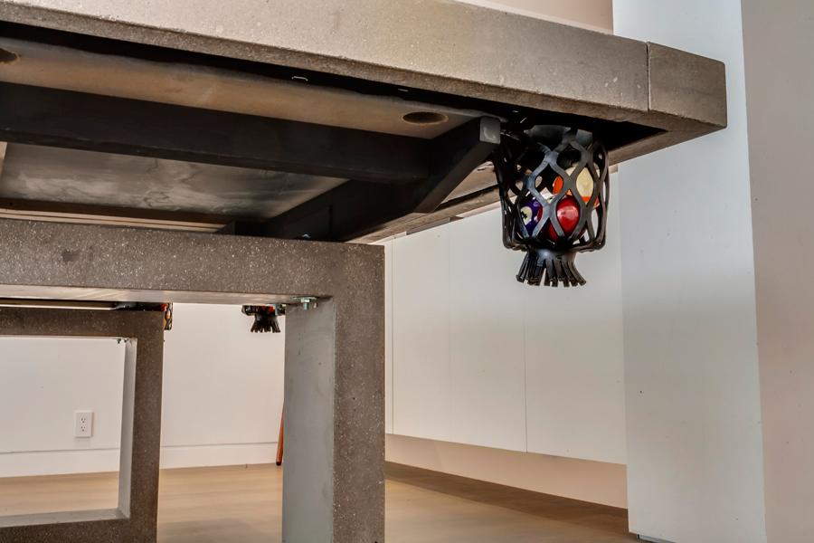 James De Wulf Custom Pool Table by De Wulf, showing coseup view of custom pool table in live shot.