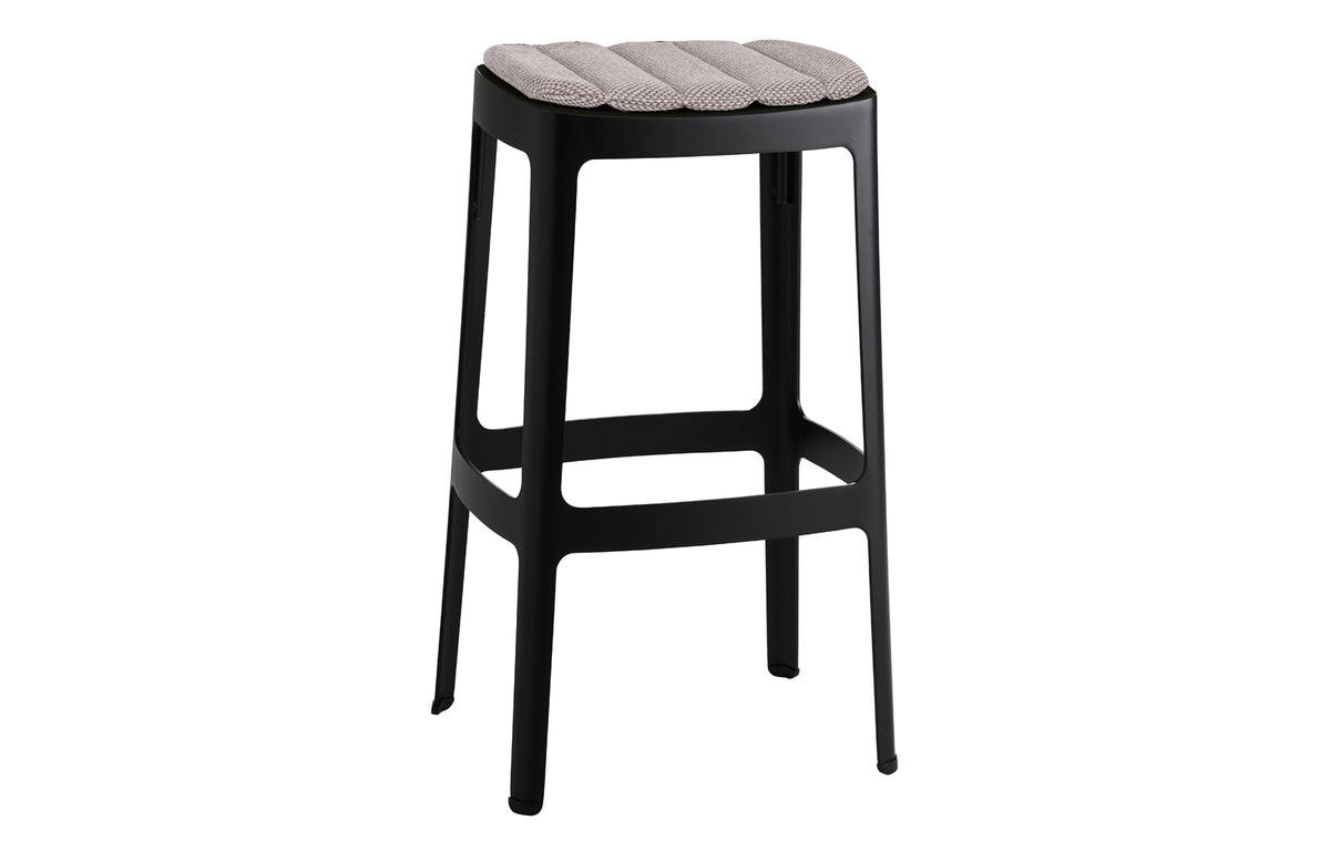 Cut High Bar Stool by Cane-Line - Black Aluminum, Light Grey Focus Cushion.