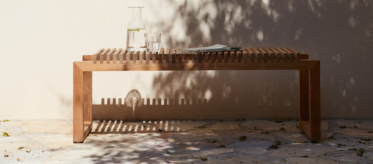 Cutter Outdoor Bench by Skagerak, showing cutter outdoor bench in live shot.