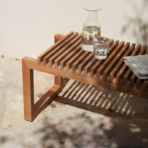 Cutter Outdoor Bench by Skagerak, showing closeup view of cutter outdoor bench in live shot.