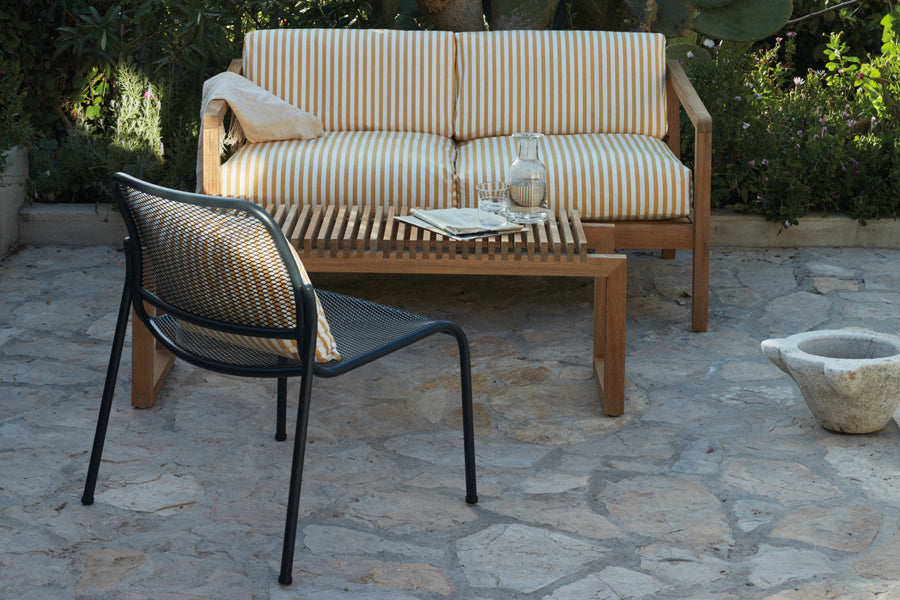 Cutter Outdoor Bench by Skagerak, showing cutter outdoor bench with chair & sofa in live shot.