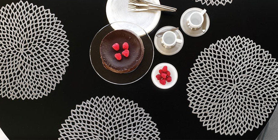Dahlia Tabletop Placemat by Chilewich, showing dahlia tabletop placemats in live shot.