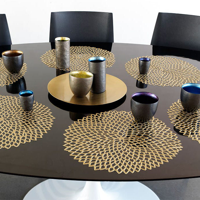 Dahlia Tabletop Placemat by Chilewich, showing dahlia tabletop placemats in live shot.
