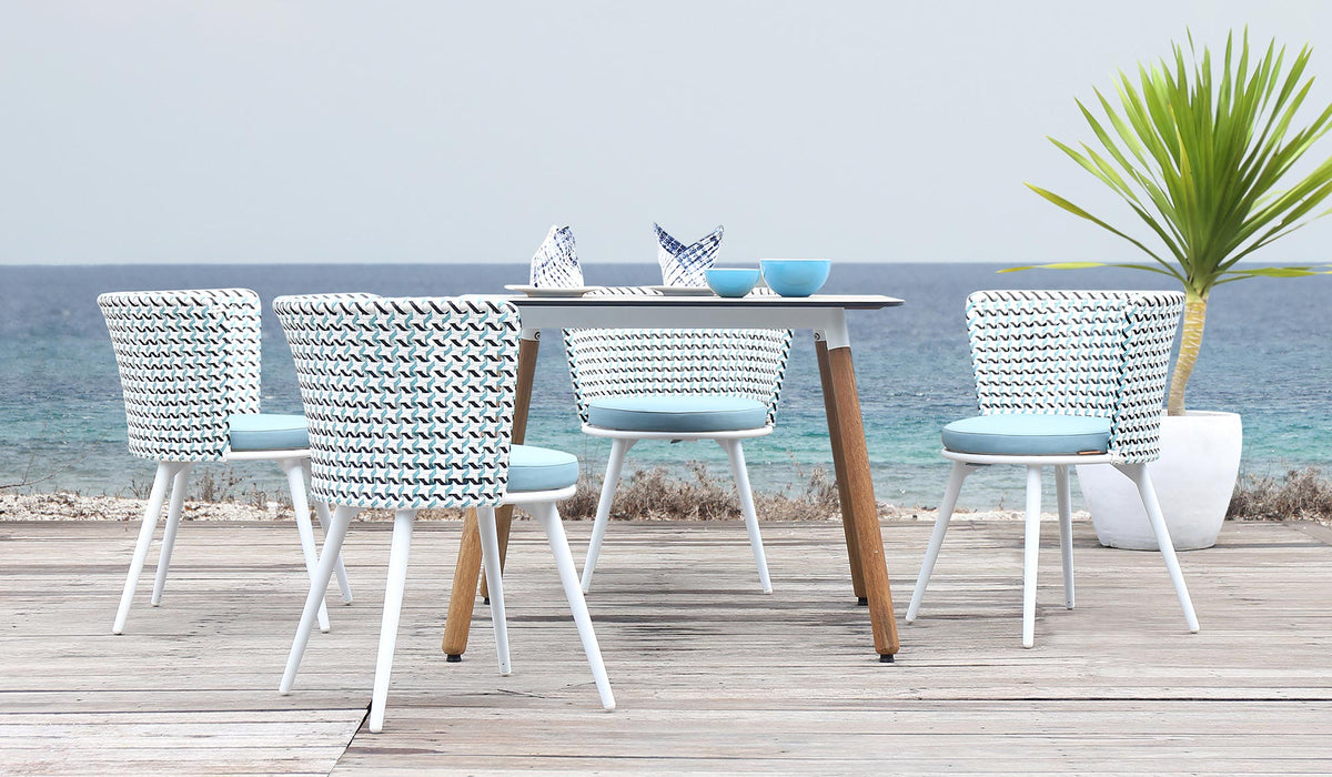 Daisy 39.5" Square Dining Table Teak Legs by Mamagreen, showing daisy 39.5" square dining table teak legs in live shot.