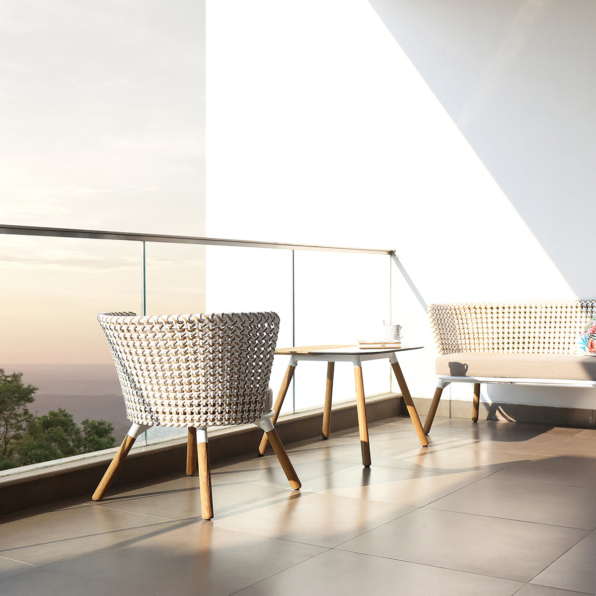 Daisy 39.5" Square Dining Table Teak Legs by Mamagreen, showing daisy 39.5" square dining table teak legs in live shot.