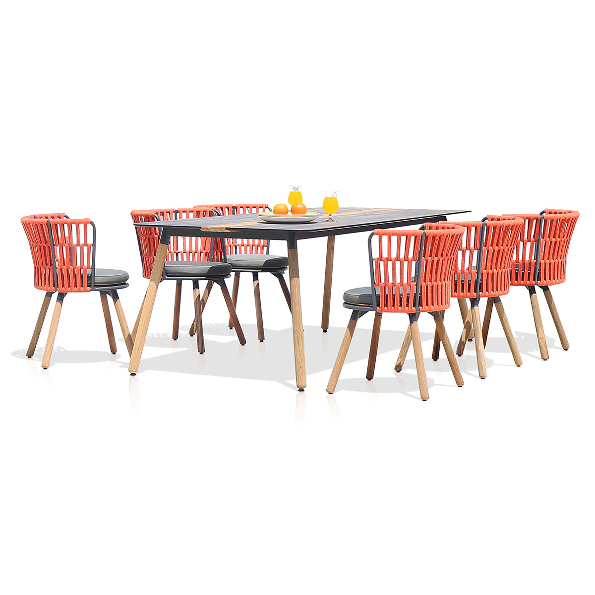 Daisy 86.5" Rectangular Dining Table Teak Legs by Mamagreen, showing angle view of daisy 86.5" rectangular dining table teak legs with dining chairs.